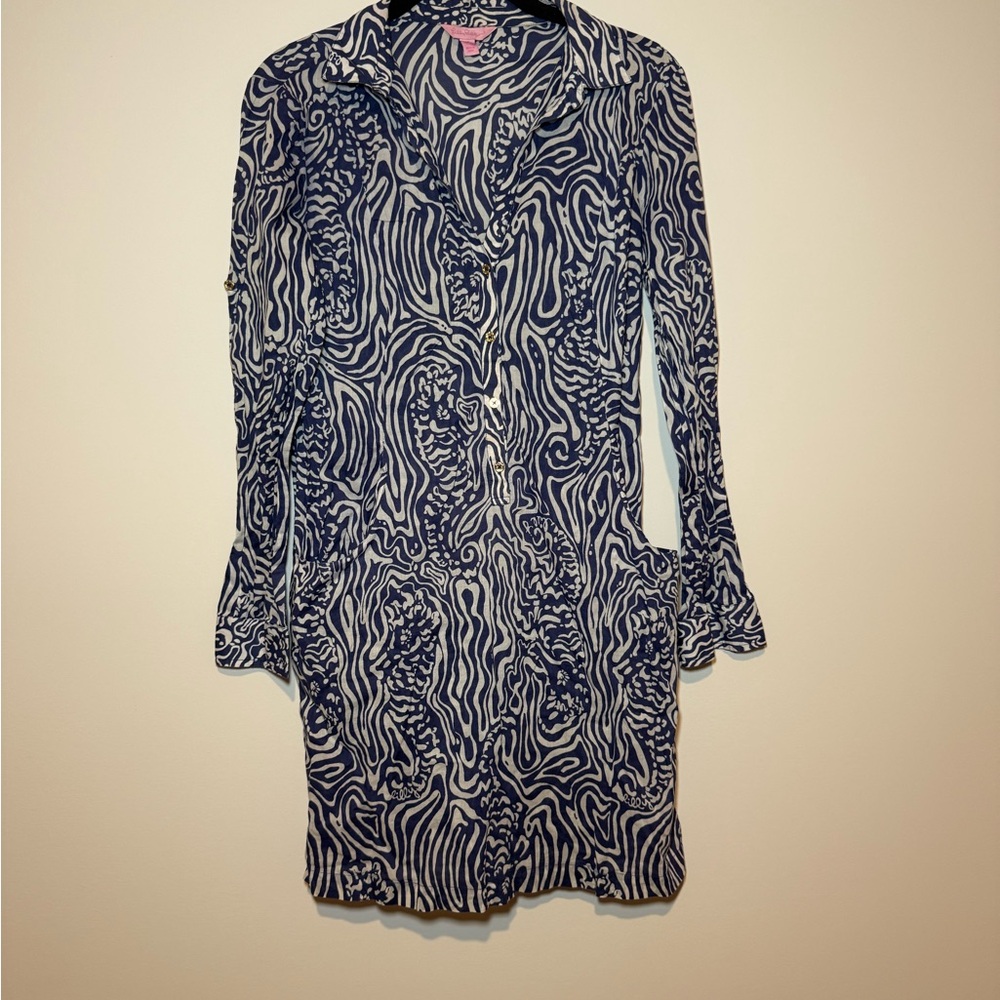 Lilly Pulitzer Navy and Cream Long Sleeve Dress linen bathing suit cover up